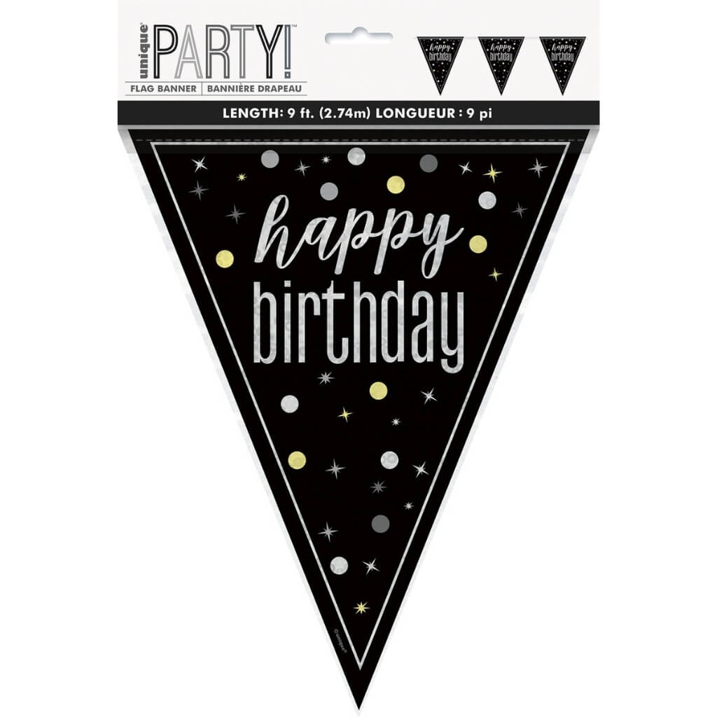 Glitz Black Happy Birthday Foil Flag Banner 274cm