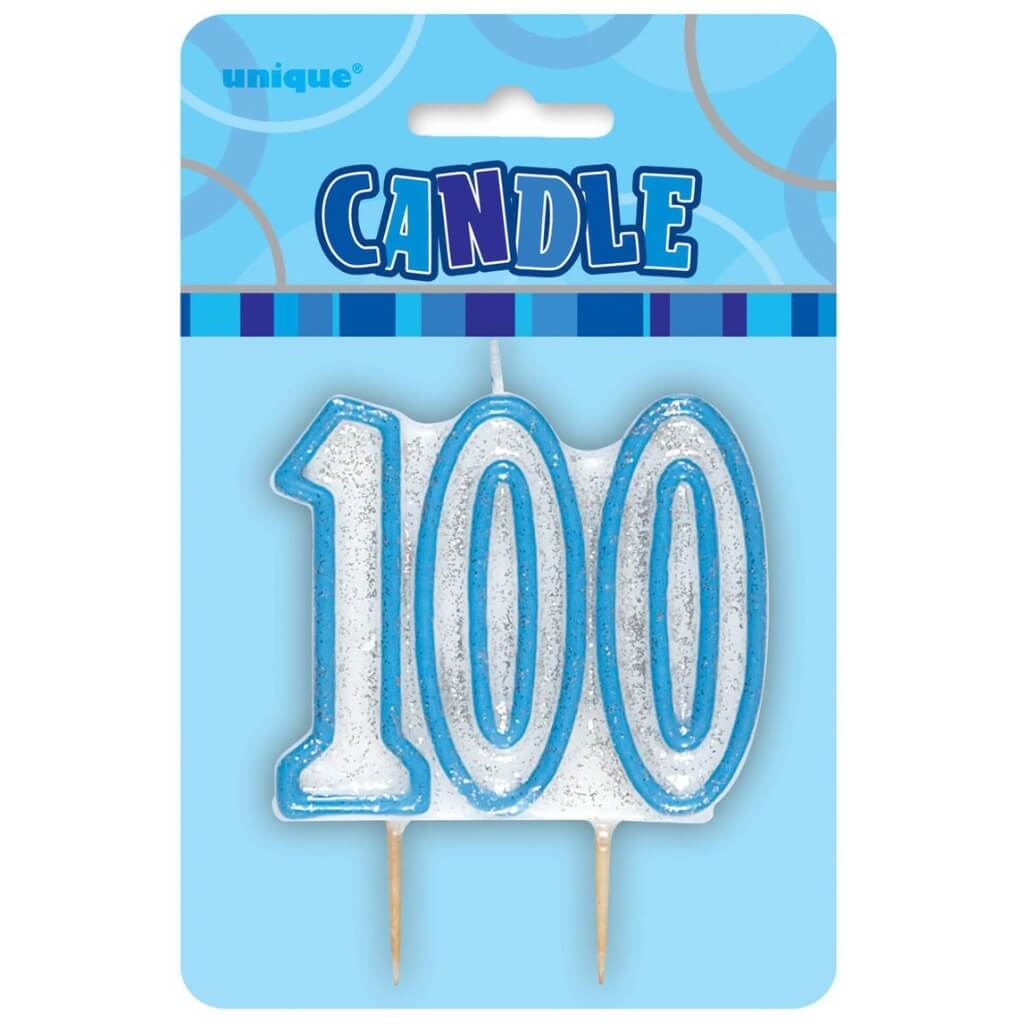 Glitz Blue Numeral Birthday Candle - Age 100 100th birthday party cake decorations