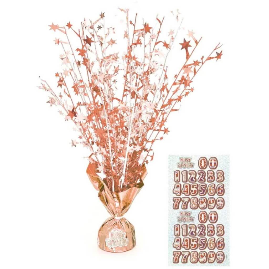Glitz Rose Gold Happy Birthday Foil Balloon Weight Spray Table Centrepiece &amp; Customisable Number Stickers.
