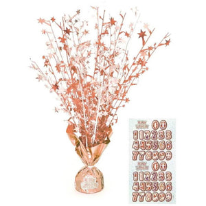 Glitz Rose Gold Happy Birthday Foil Balloon Weight Spray Table Centrepiece &amp; Customisable Number Stickers.