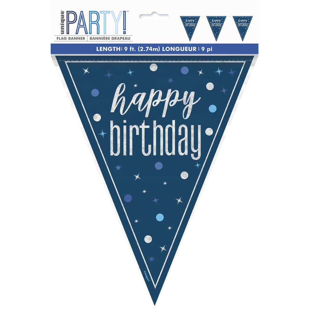 Glitz Blue Happy Birthday Foil Flag Banner 2.74m