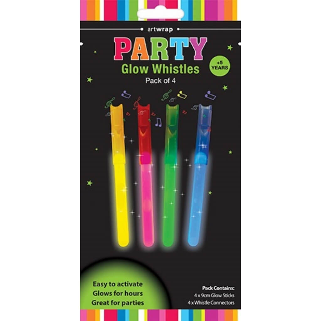 Glow party whistles pack of 4 assorted colours