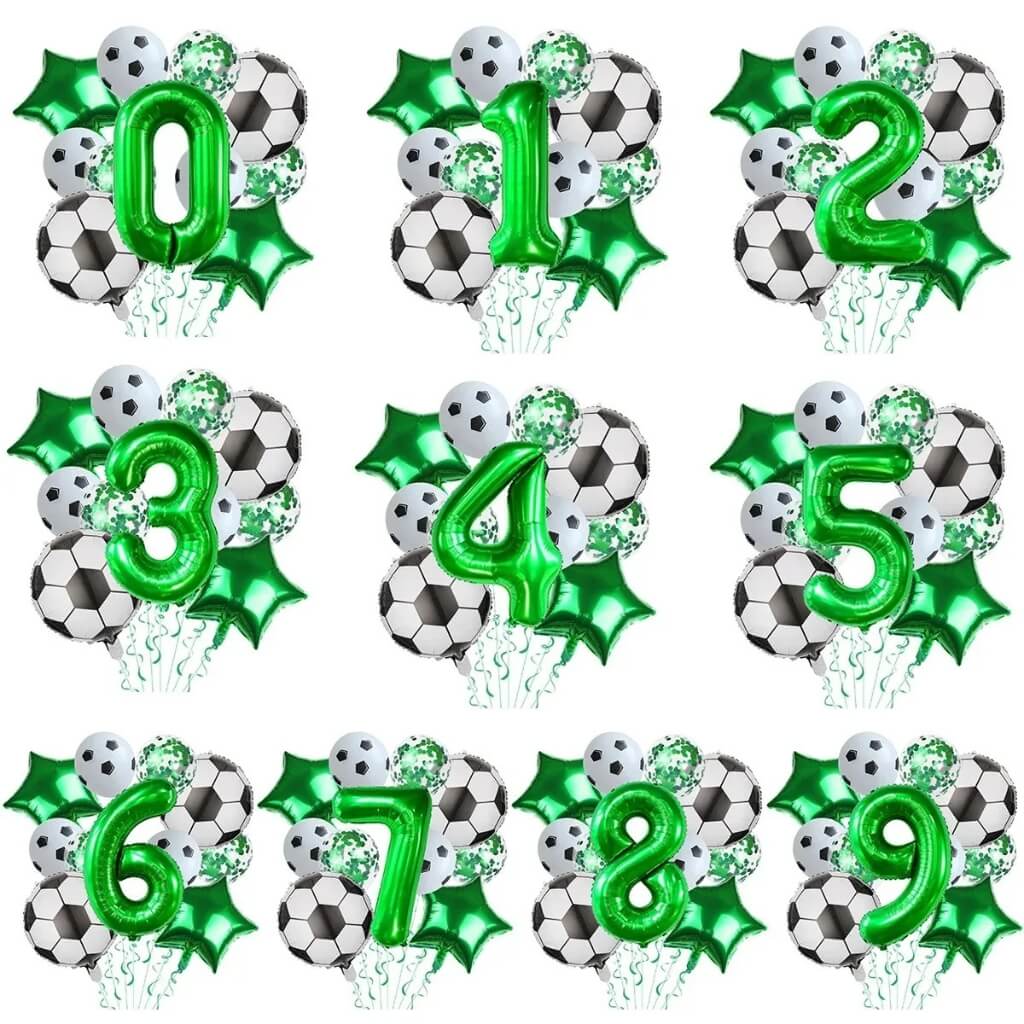 Soccer party balloon bundle with green number foil and soccer ball balloons