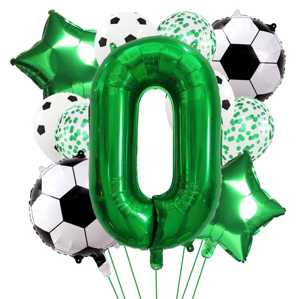 Soccer party balloon bundle with green number foil and soccer ball balloons