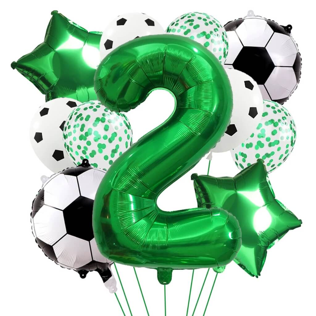 Soccer balloon bundle with green stars, confetti and number balloon number 2