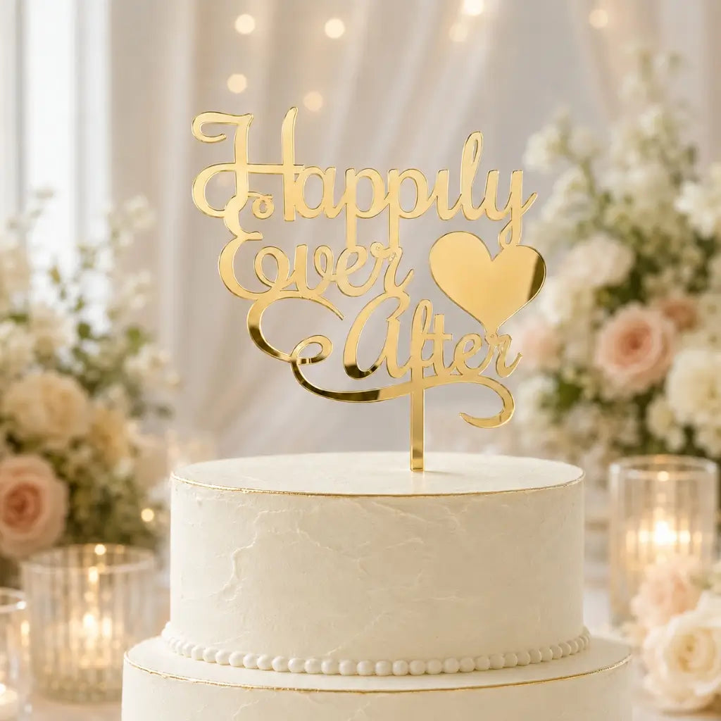 Acrylic Gold 'Happily Ever After' Heart Cake Topper