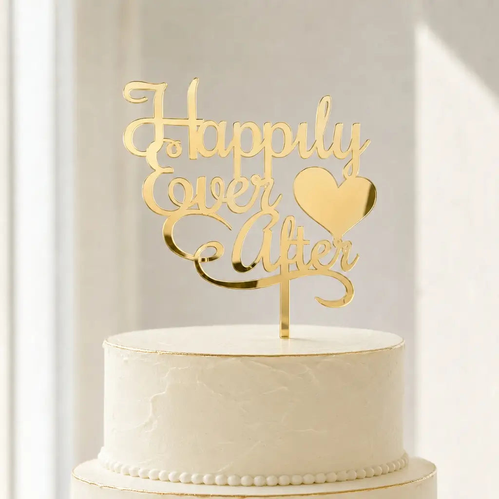 Acrylic Gold 'Happily Ever After' Heart Cake Topper