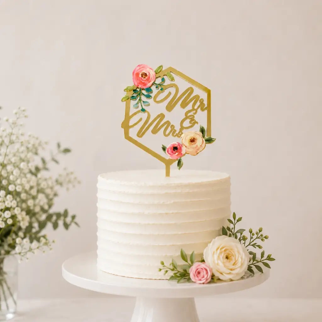 Gold mirror acrylic Mr and Mrs floral geometric hexagon wedding cake topper
