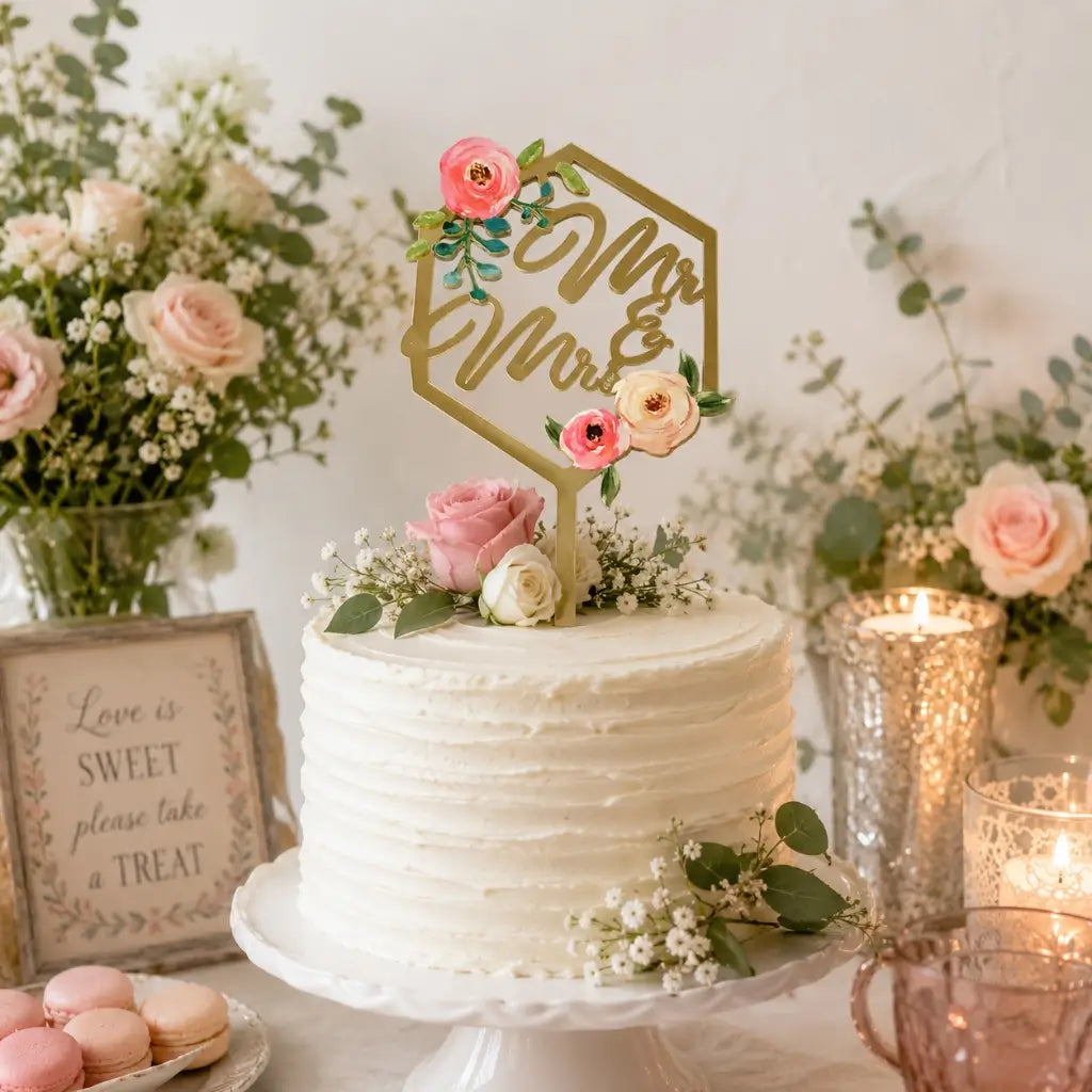 Gold mirror acrylic Mr and Mrs floral geometric hexagon wedding cake topper