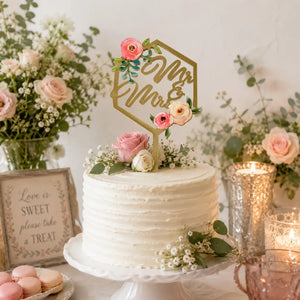 Gold mirror acrylic Mr and Mrs floral geometric hexagon wedding cake topper
