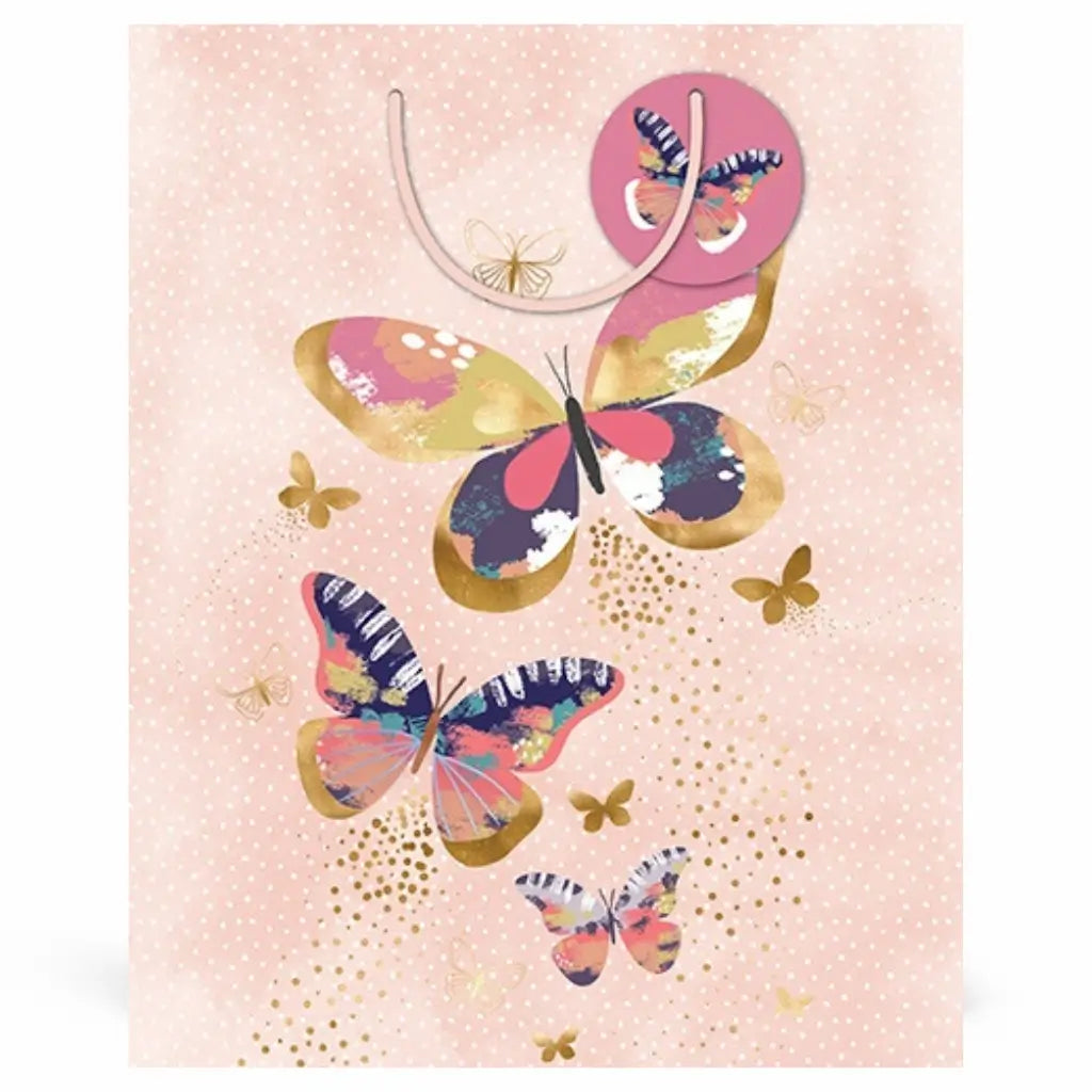 Gold butterfly large gift bag pink design