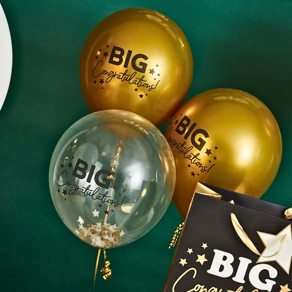 Big congratulations latex balloons gold and clear party decor