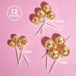 Gold disco cake decorations in a 12-piece set