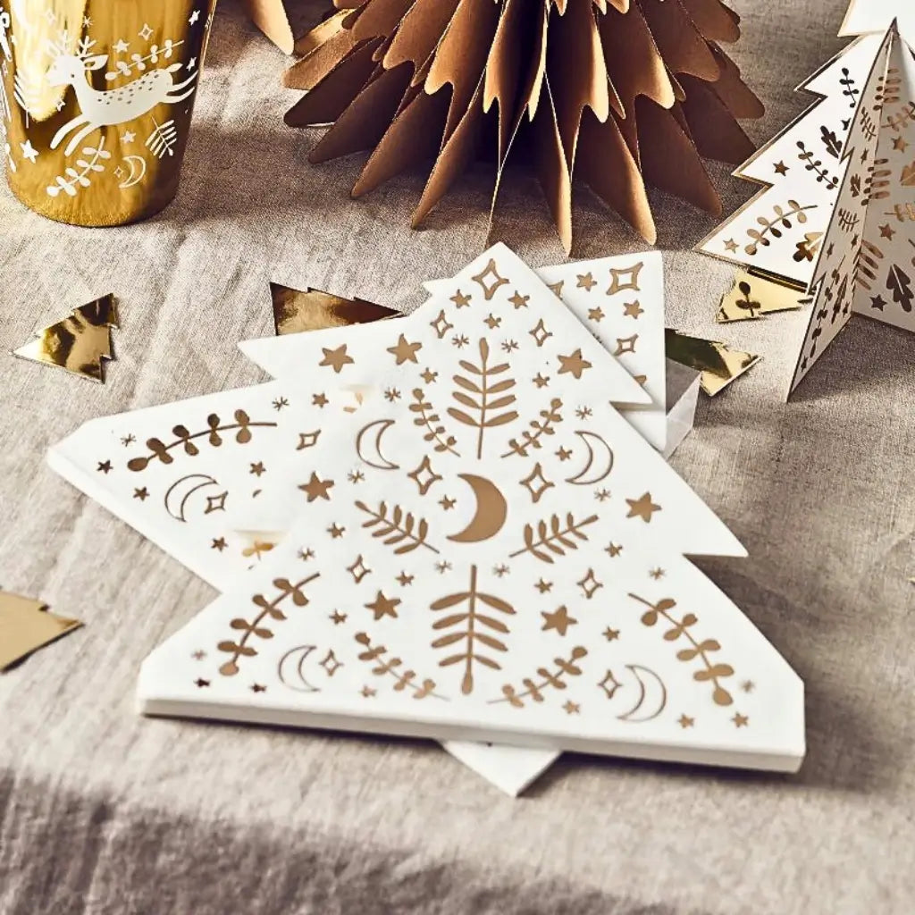 Gold foil Christmas tree shaped paper napkins for Christmas dinners and festive celebrations