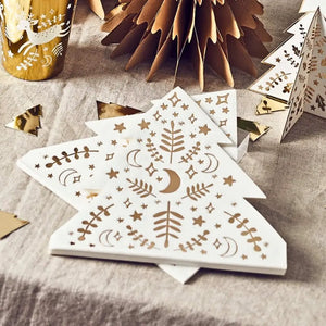 Festive Folklore Christmas Tree Shaped Napkins 16 pack with gold foil detailing for holiday table decor