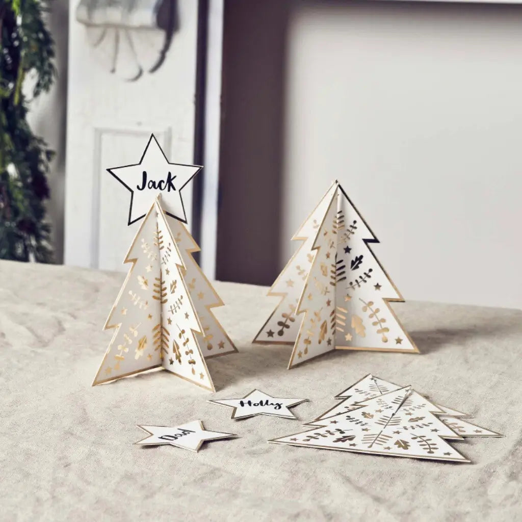 Festive Folklore gold Christmas tree place cards with star labels pack of 10