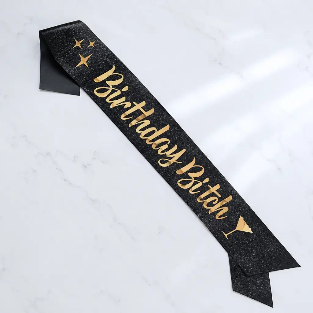 Black Glitter 'Birthday Bitch' Sash - Gold Foil Print