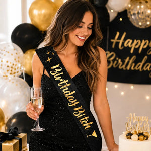 Black Glitter 'Birthday Bitch' Sash - Gold Foil Print