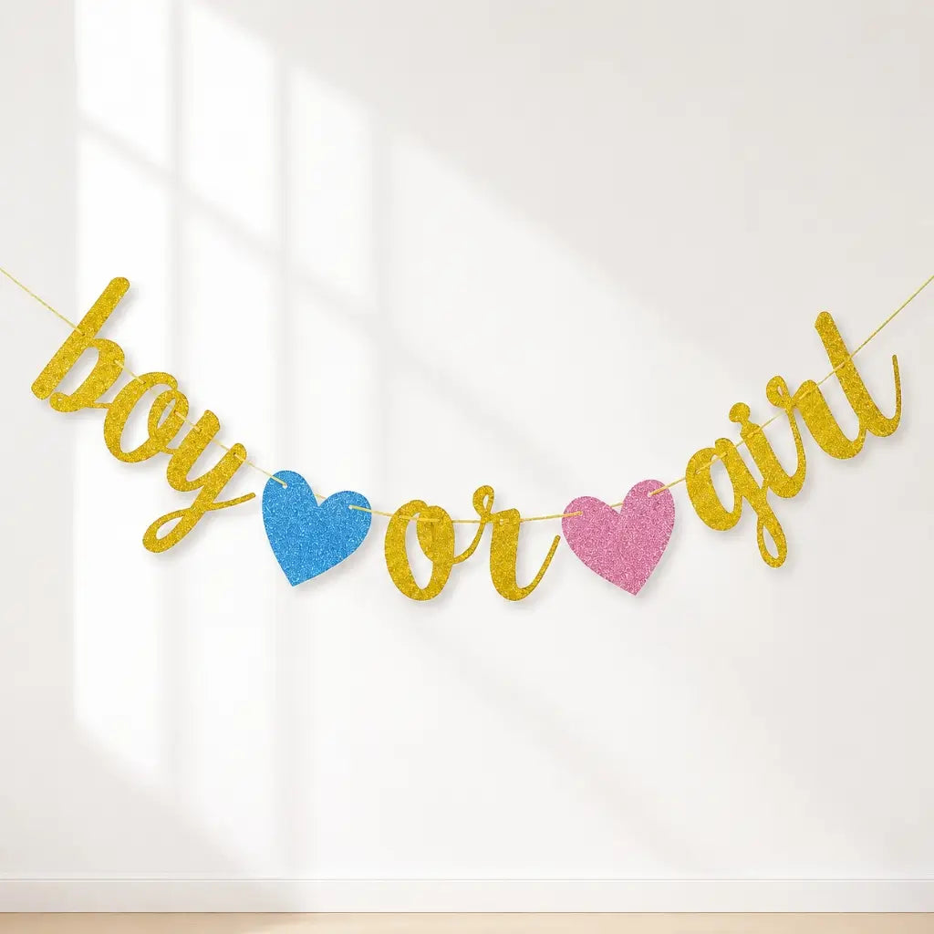 Gold Glitter 'Boy or Girl' with Hearts Bunting Banner