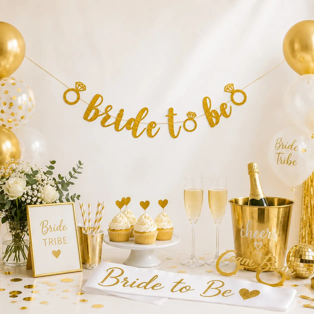Gold Glitter 'Bride To Be' with Diamond Ring Banner