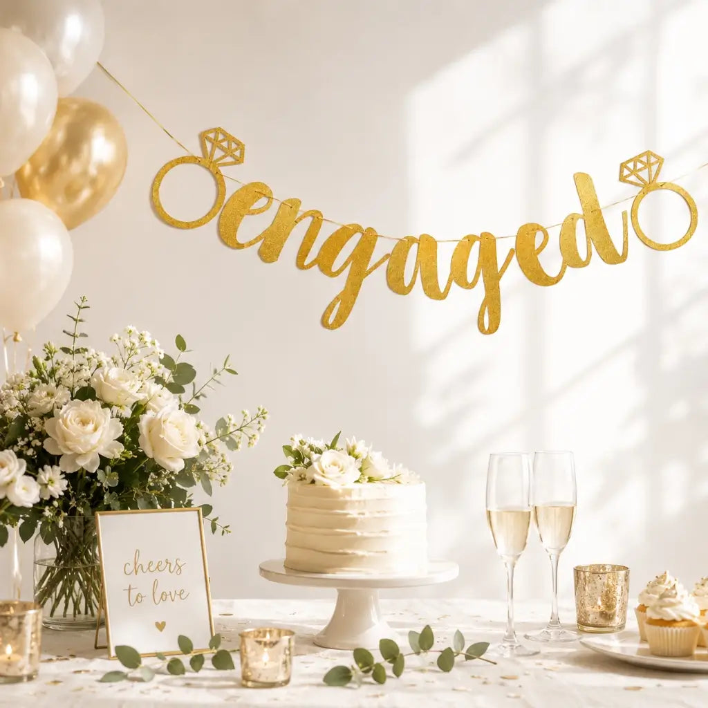 Gold Glitter 'engaged' with Diamonds Banner