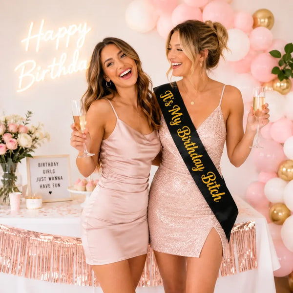 Black It's My Birthday Bitch Sash Gold Glitter Fun Naughty Party