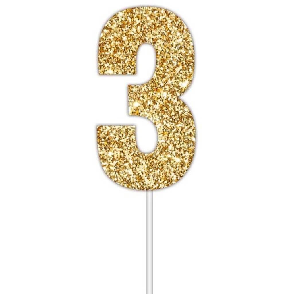 Gold glitter number 3 numeral birthday cake topper