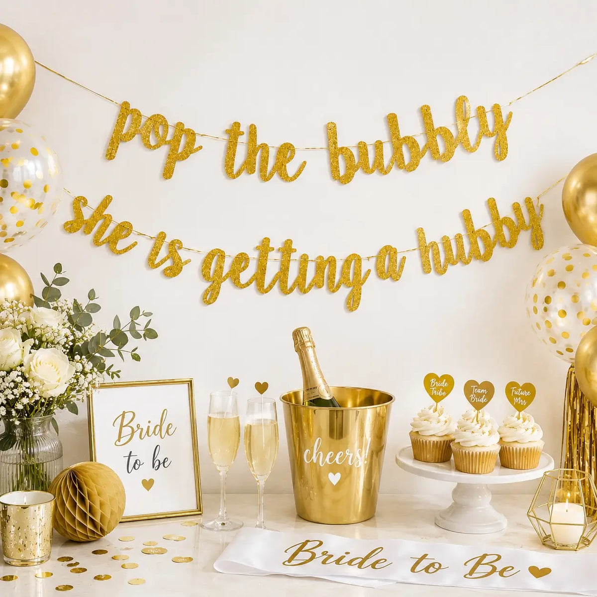 Gold Glitter 'pop the bubbly she is getting a hubby' Banner