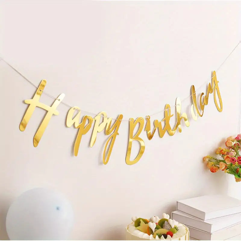 Metallic gold Foil Happy Birthday Bunting GarlandMetallic Silver Foil Happy Birthday paper banner Bunting Garland