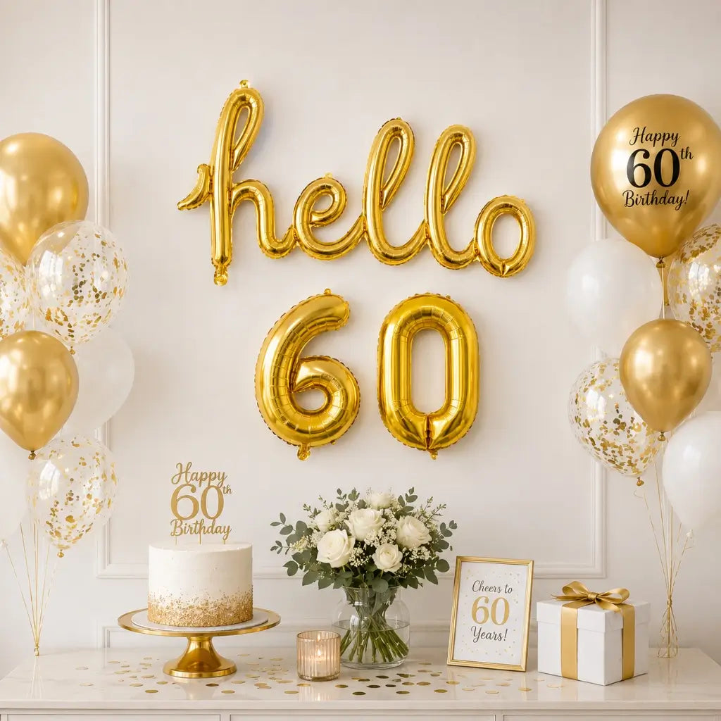 Gold 'hello 60' Birthday Foil Balloon Banner