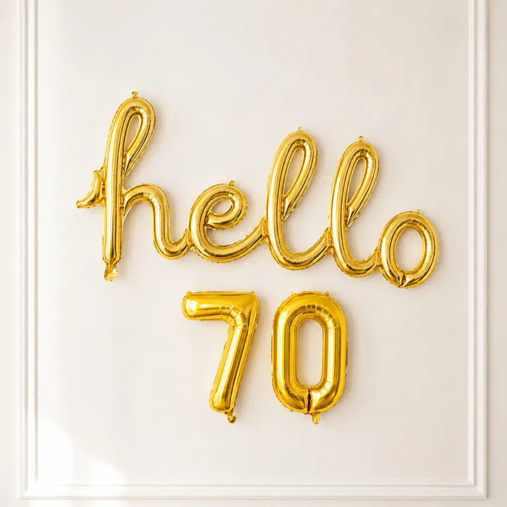 Gold 'hello 70' Script Birthday Foil Balloon Banner