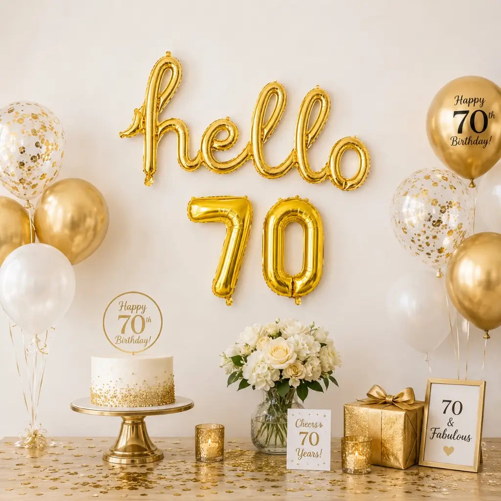 Gold 'hello 70' Script Birthday Foil Balloon Banner