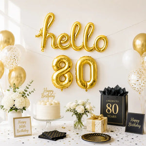 Gold 'hello 80' Script Birthday Foil Balloon Banner Bunting