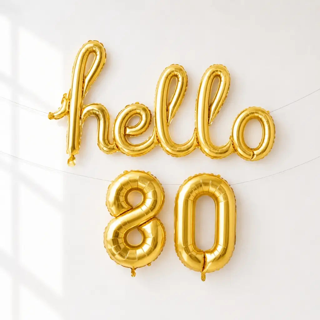 Gold 'hello 80' Script Birthday Foil Balloon Banner Bunting