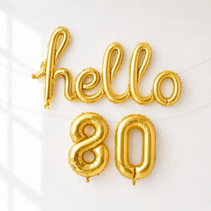 Gold 'hello 80' Script Birthday Foil Balloon Banner Bunting