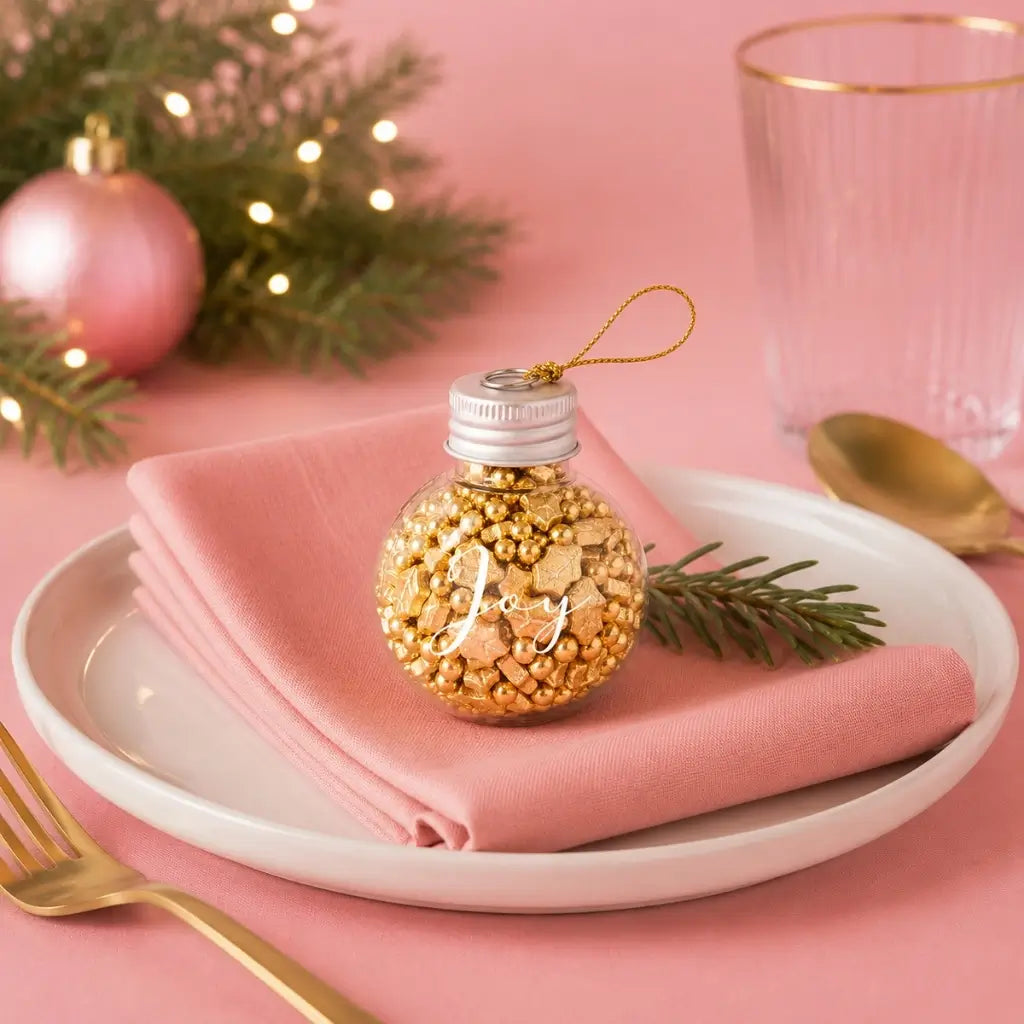 Sprinks Golden Holly Christmas sprinkles inside a glass JOY bauble