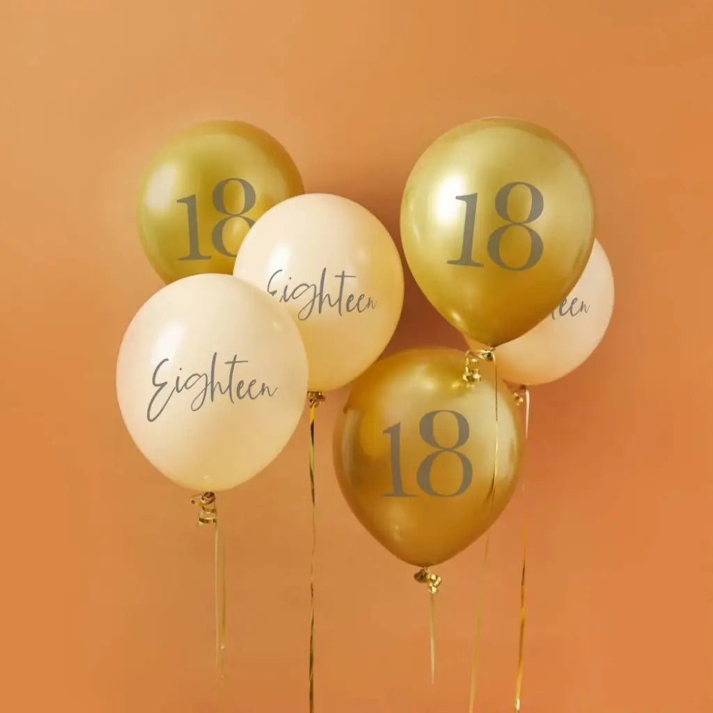 Gold and ivory 18th birthday latex balloons measuring 30cm
