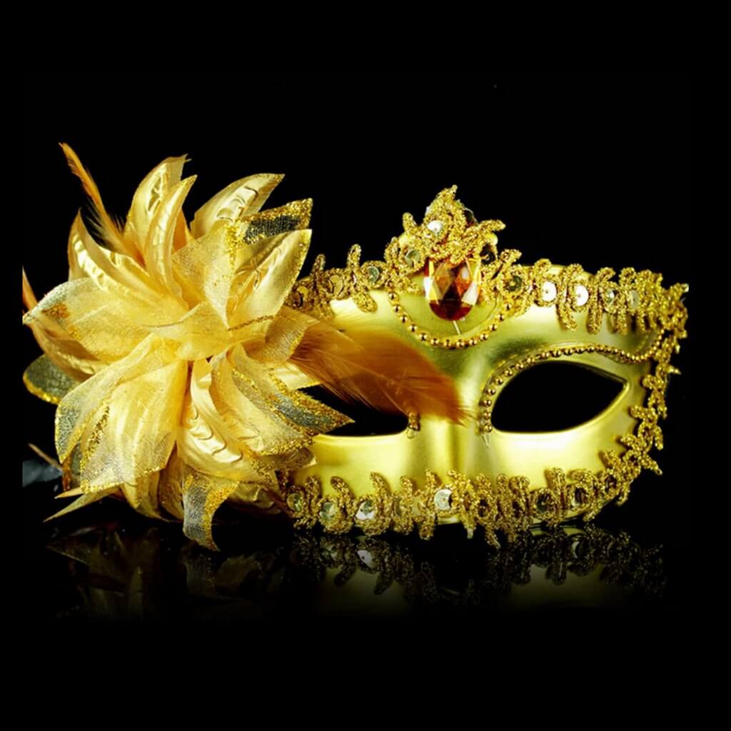 Elegant Lace Masquerade Mask with Flower for Women - Gold
