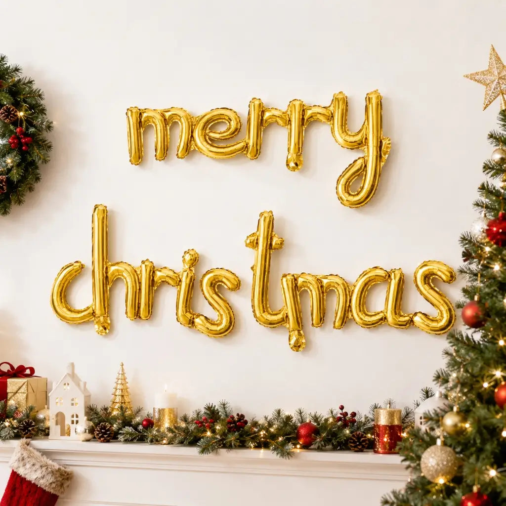 Gold Merry Christmas Cursive Script Foil Balloon Banner