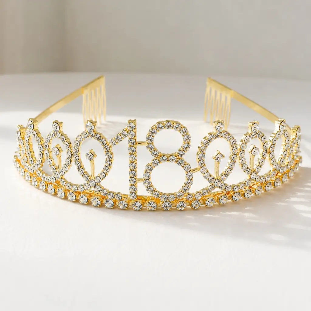 Premium Quality Gold Metal Rhinestone 18th Birthday Tiara - 18th Birthday Party Hair Accessory