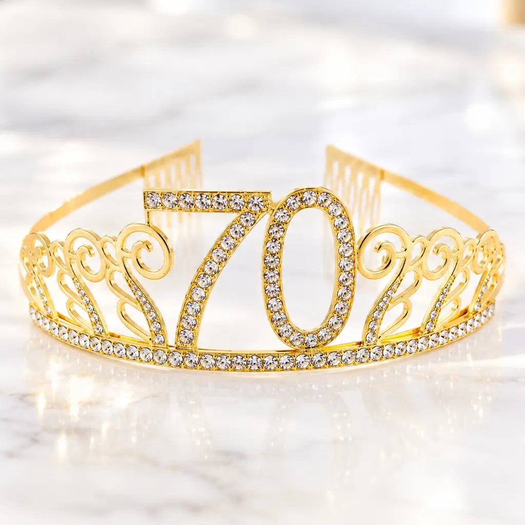 Gold Rhinestone 70th Birthday Tiara Crown