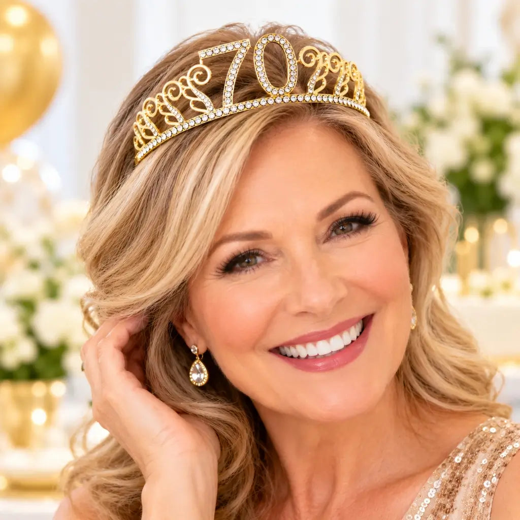 Gold Rhinestone 70th Birthday Tiara Crown