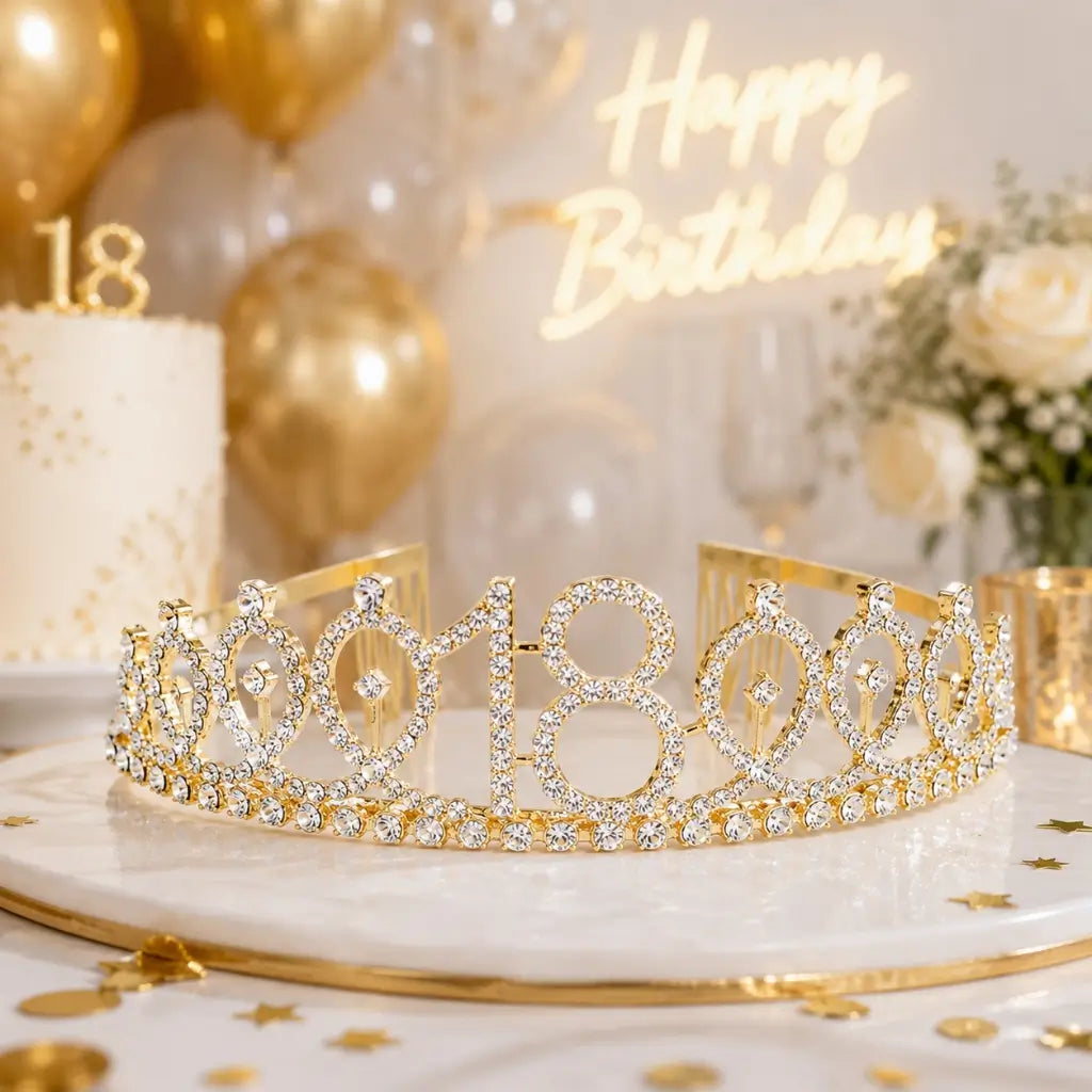 Premium Quality Gold Metal Rhinestone 18th Birthday Tiara - 18th Birthday Party Hair Accessory