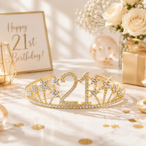 Gold Metal Rhinestone Happy 21st Birthday with Stars Tiara