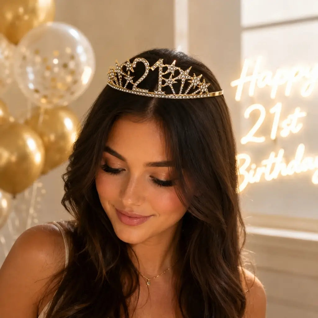 Gold Metal Rhinestone Happy 21st Birthday with Stars Tiara