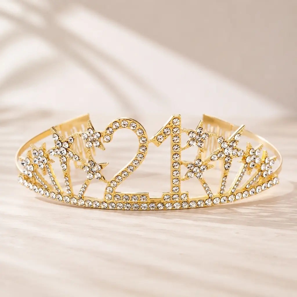 Gold Metal Rhinestone Happy 21st Birthday with Stars Tiara