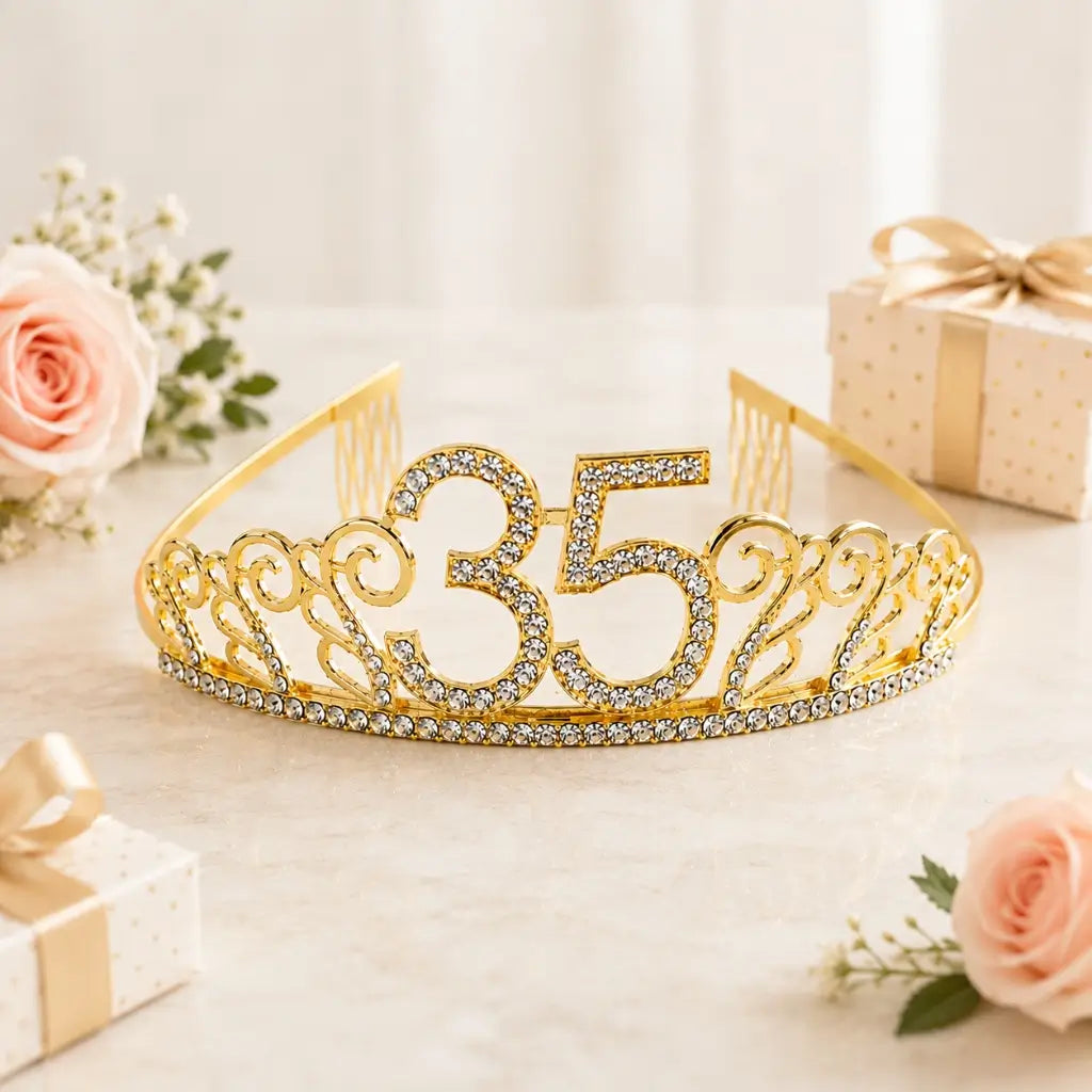 Premium Quality Gold Metal Rhinestone Age 35 Birthday Tiara