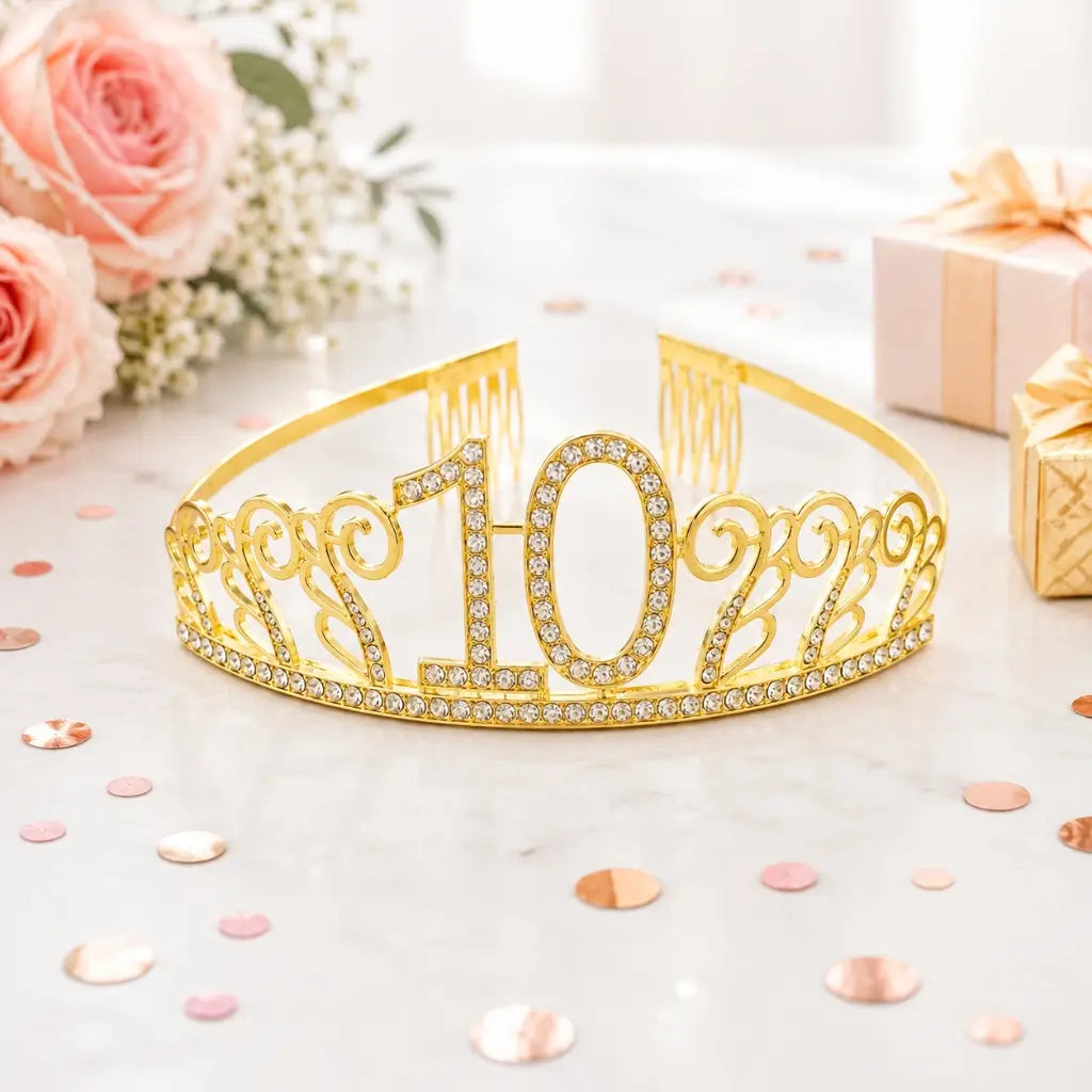 Gold Metal Rhinestone Age 10 Birthday Princess Tiara