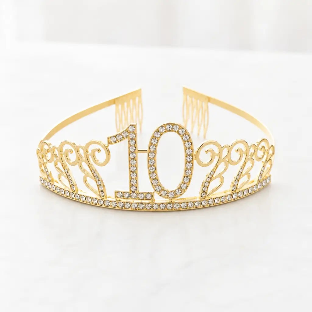 Gold Metal Rhinestone Age 10 Birthday Princess Tiara