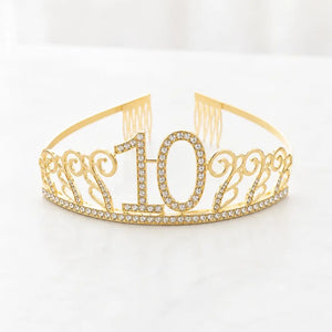 Gold Metal Rhinestone Age 10 Birthday Princess Tiara